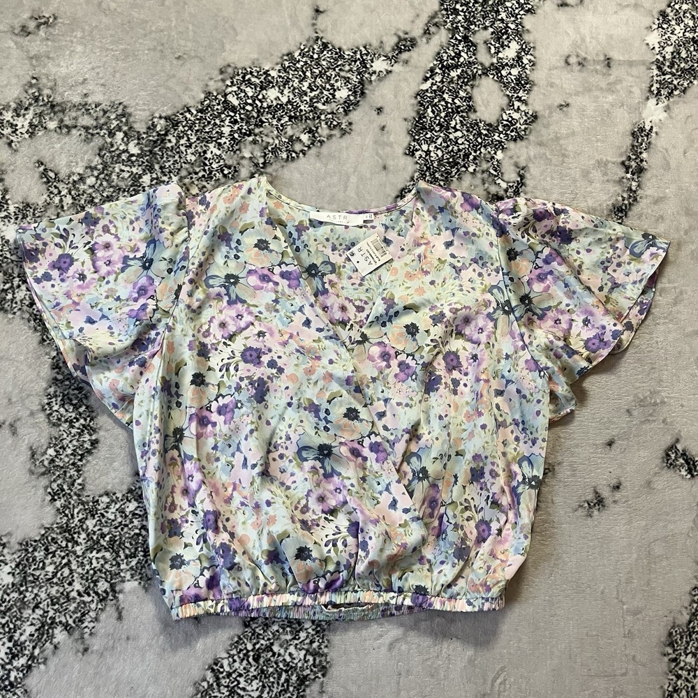 ASTR The Label Shirt Womens Size XL Blue Purple Multi Floral Faux Wrap Blouse